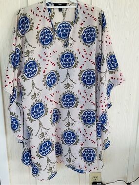 Dennis Basso White Tunic with Blue Medallion and Olive Scroll